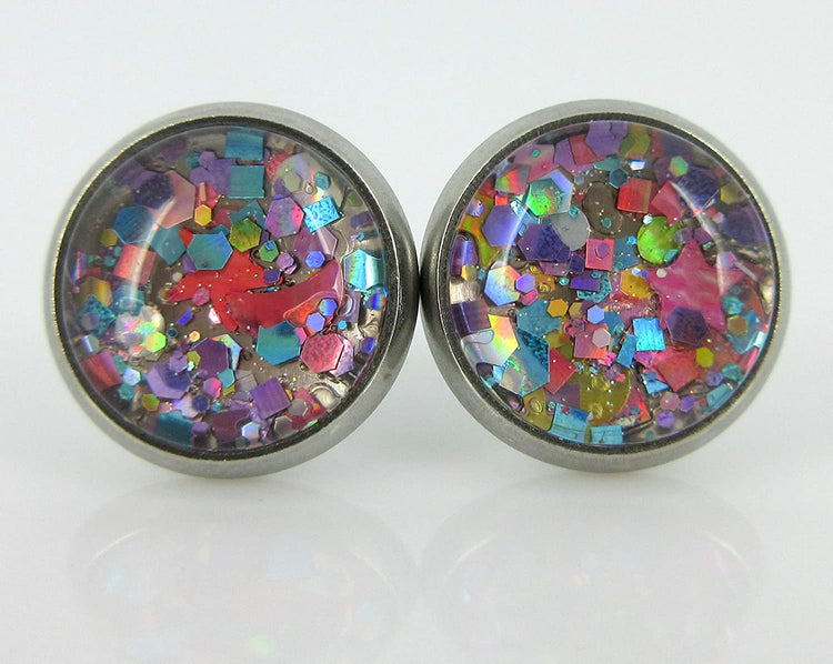 Stainless Steel Metallic Pastel Glitter Glass Stud Earrings Hand-painted 10mm