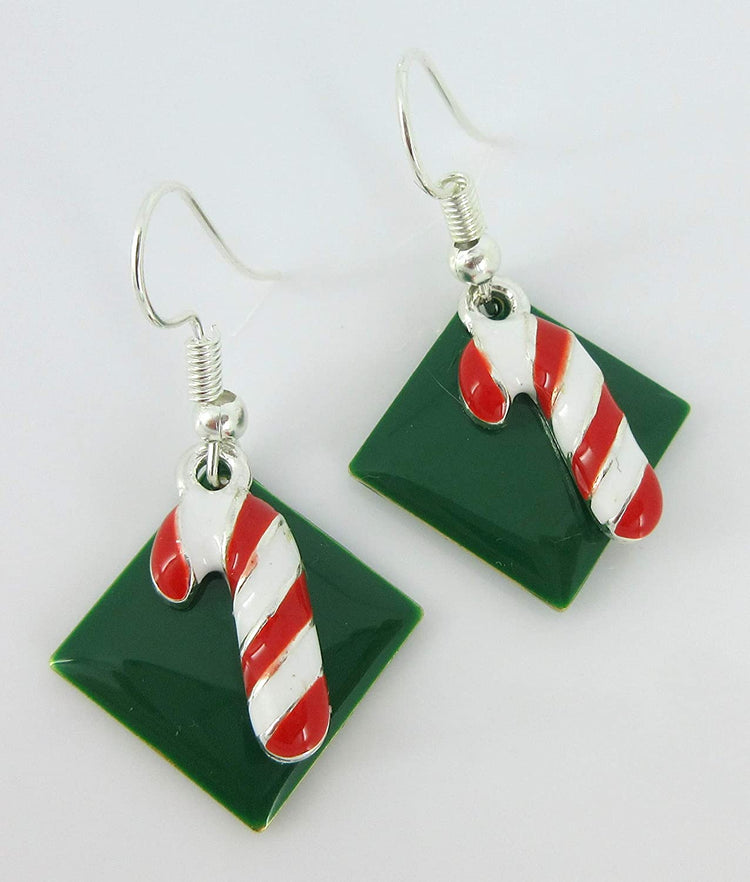 Silver-tone Green Enamel Candy Cane Charm Dangle Earrings
