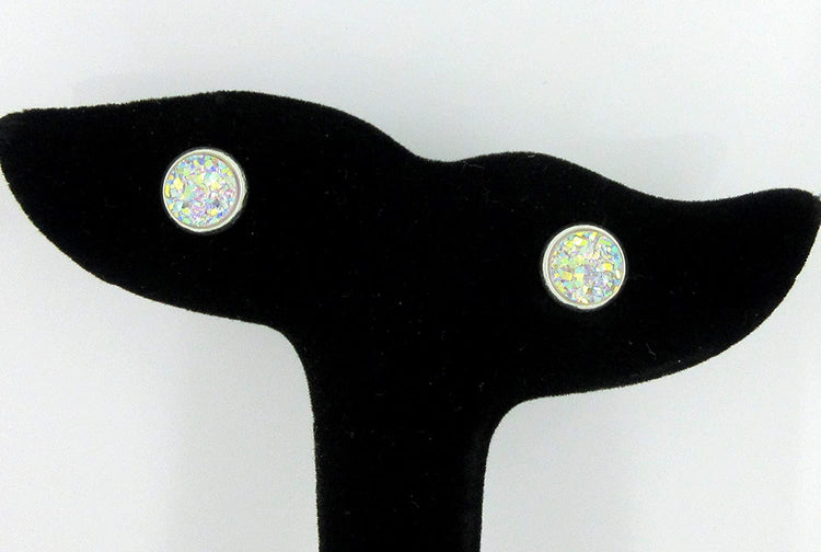 Duo Silver-tone Clear AB and Gunmetal Faux Druzy Stone Stud Earrings 8mm Set