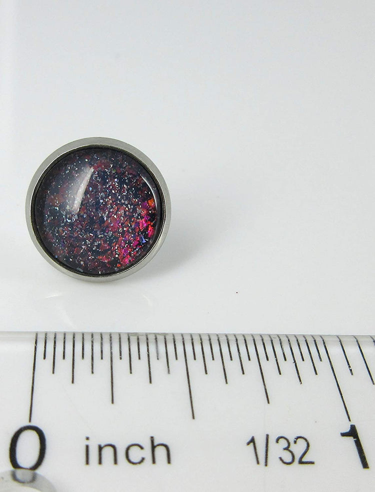 Stainless Steel Gray and Rainbow Holographic Glitter Glass Stud Earrings Hand-painted 12mm