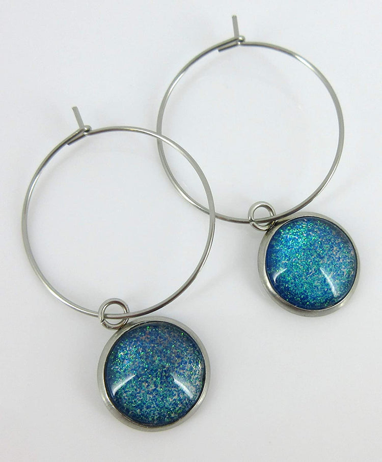 Stainless Steel Blue Green Glitter Glass Charm Hoop Earrings Hand-painted 1"