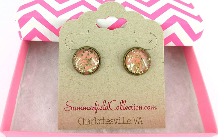 Antiqued Gold-tone Peach Glitter Glass Stud Earrings 12mm Hand-painted