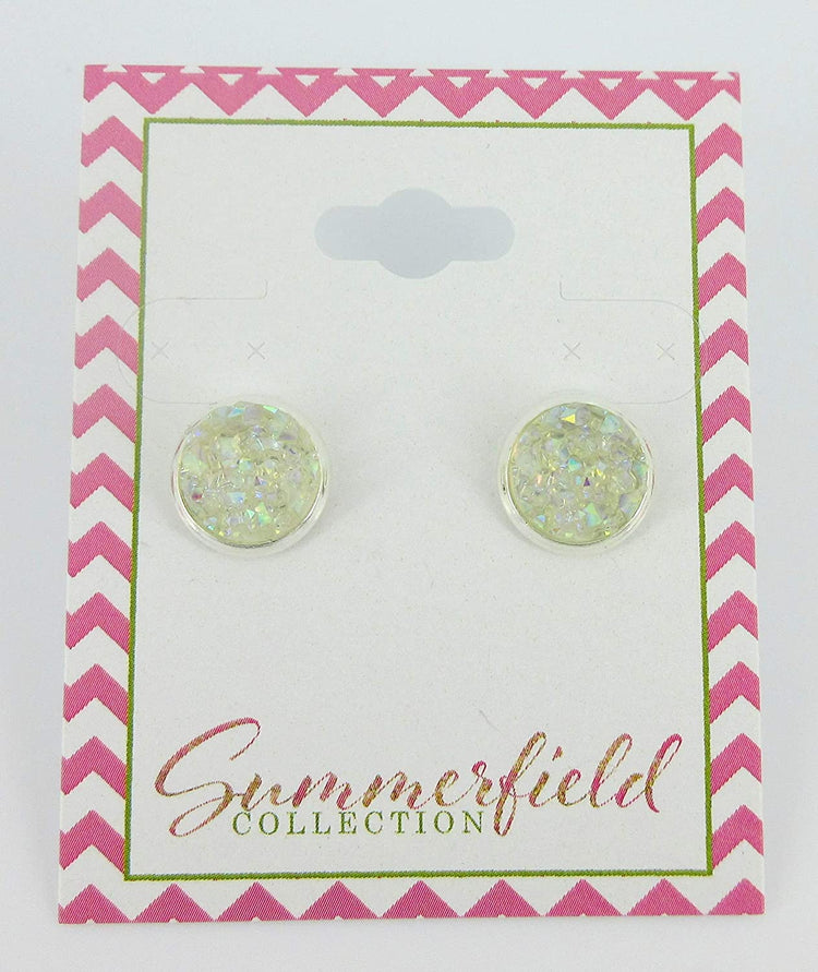 Silver-tone Clear AB Faux Druzy Stone Stud Earrings 10mm