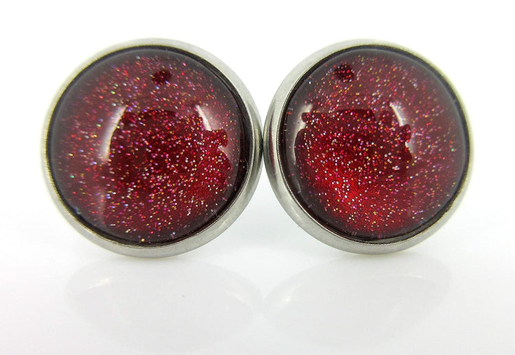 Stainless Steel Red with Gold Glitter Glass Stud Earrings Hand-painted 12mm