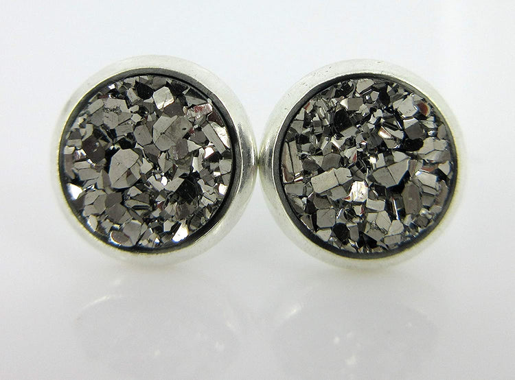 Duo Silver-tone Clear AB and Gunmetal Faux Druzy Stone Stud Earrings 8mm Set