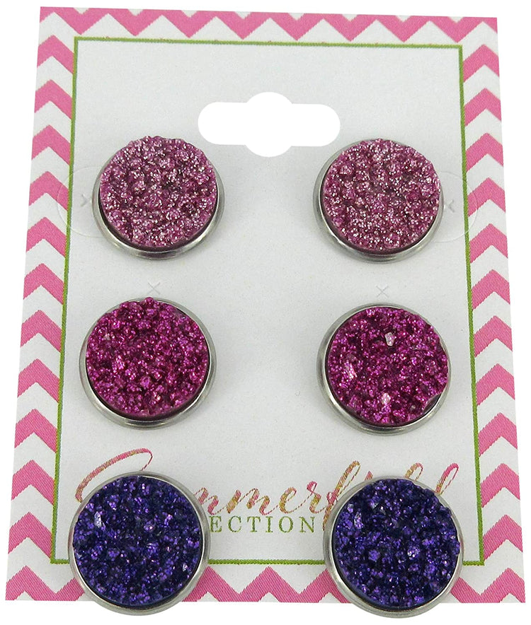 Stainless Steel Pink and Purple Glitter Faux Druzy Stone Stud Trio Earrings Set