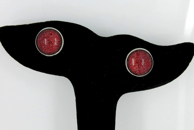 Stainless Steel Red with Gold Glitter Glass Stud Earrings Hand-painted 12mm