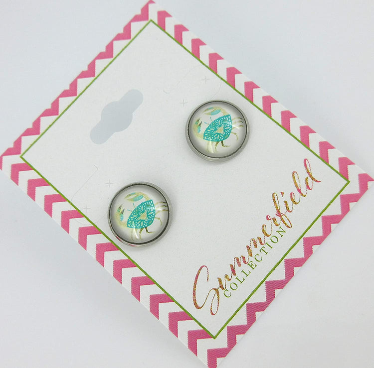 Stainless Steel Blue Crab Print Glass Stud Earrings 12mm