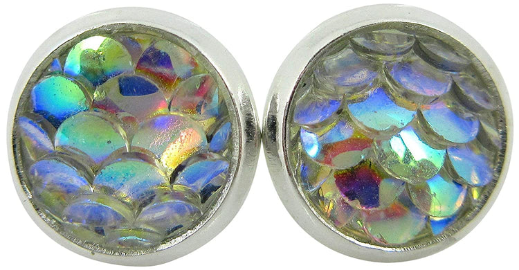 Silver-tone Clear AB Metallic Mermaid Scale Stud Earrings 8mm