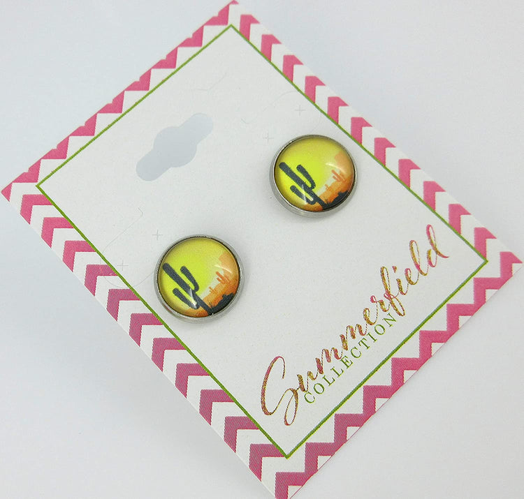 Stainless Steel Vintage Desert Cactus Print Glass Stud Earrings 12mm