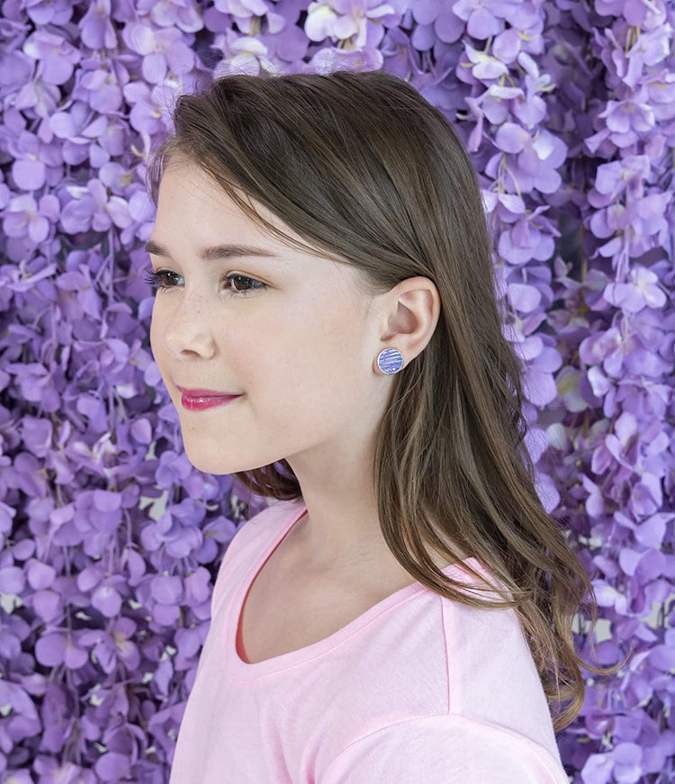 Silver-tone Lavender Purple Frosted Metallic Rainbow Stud Earrings 12mm