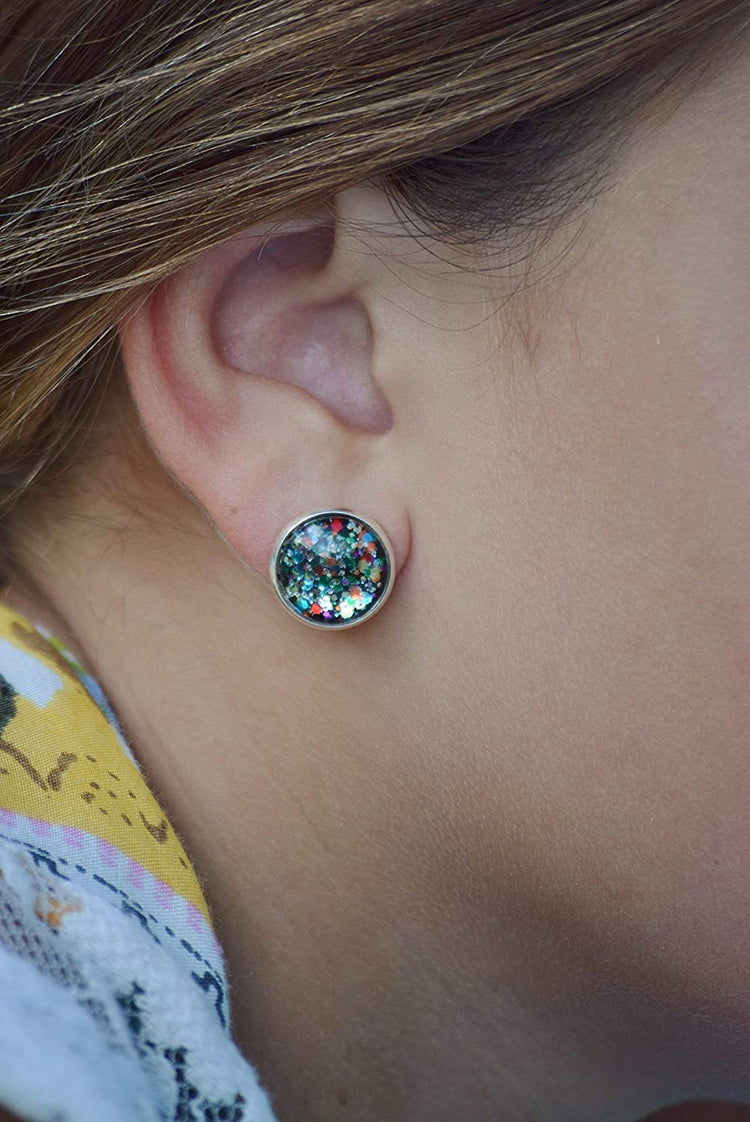 Stainless Steel Multi Color Party Confetti Glitter Glass Stud Earrings Hand-painted 12mm