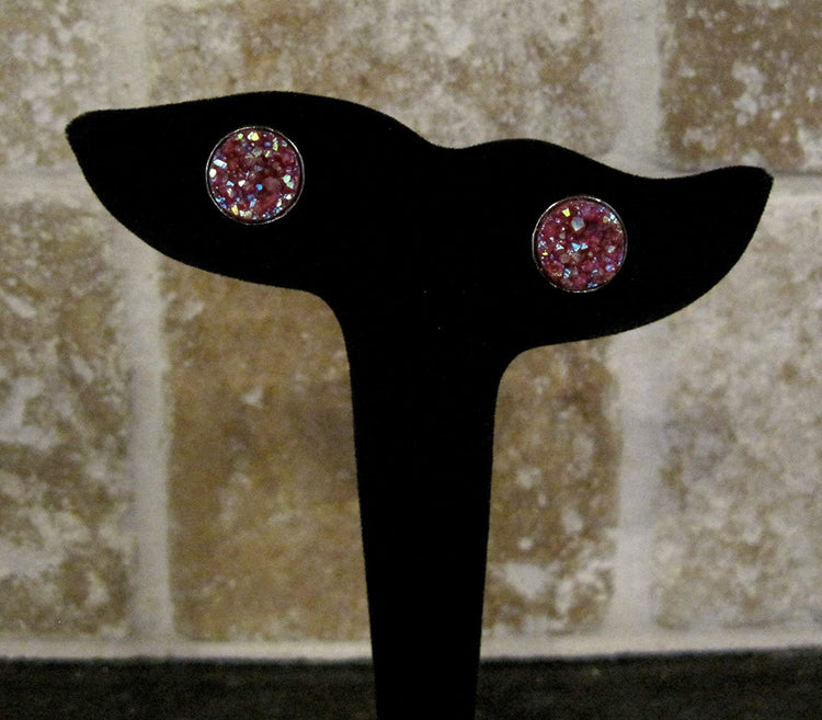 Hematite-tone Maroon Faux Druzy Stone Stud Earrings 12mm