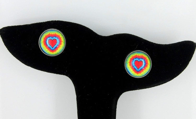 Stainless Steel Heart Tie Dye Print Glass Stud Earrings 12mm
