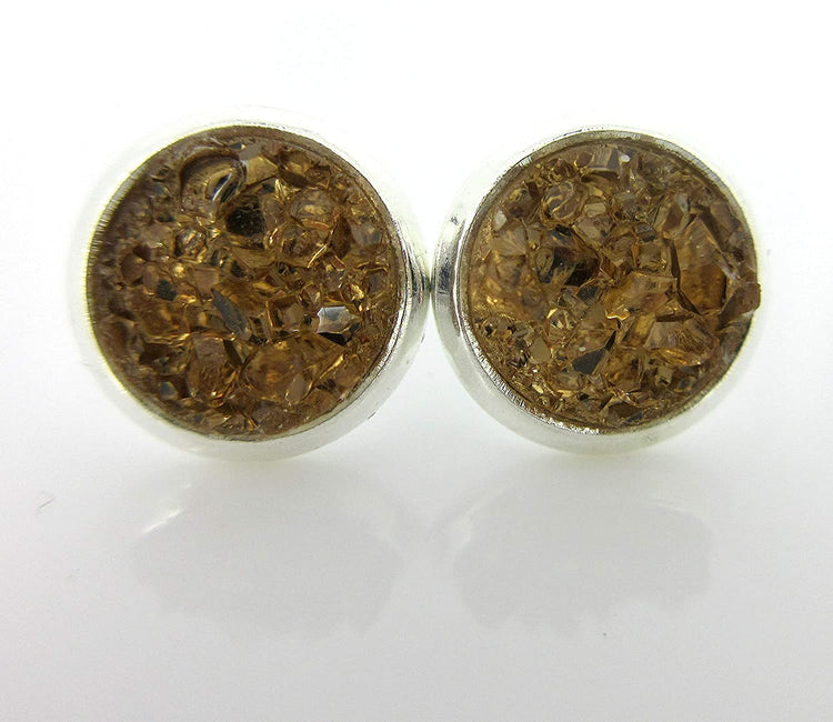 Duo Silver-tone Clear and Light Brown Faux Druzy Stone Stud Earrings 8mm Set