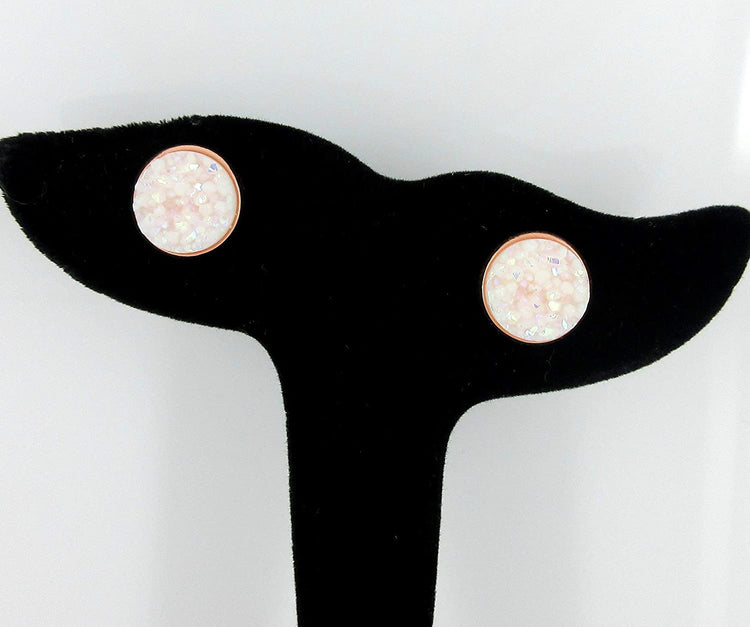 Rose Gold-tone White AB Faux Druzy Stone Stud Earrings 12mm
