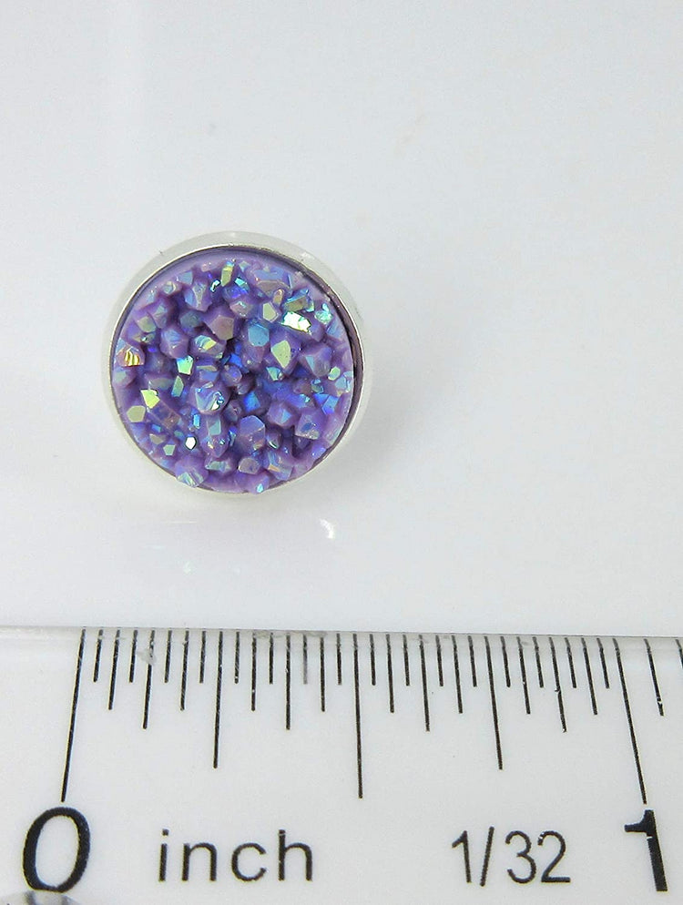Silver-tone Lavender Purple AB Faux Druzy Stone Stud Earrings 12mm