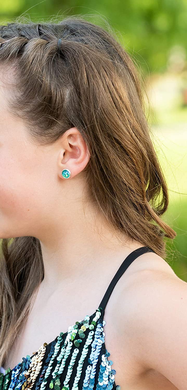 Silver-tone Aqua Blue Green Metallic Mermaid Scale Stud Earrings 8mm