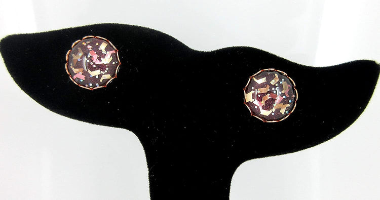 Rose Gold-tone Chevron Flake Glitter Glass Stud Earrings 12mm Hand-painted