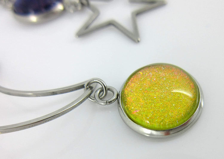 Stainless Steel Mismatch Glitter Glass Moon and Star Charm Dangle Earrings