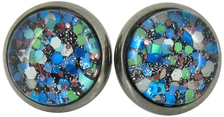 Hematite-tone Blue Green White Glitter Glass Stud Earrings Hand-painted 10mm