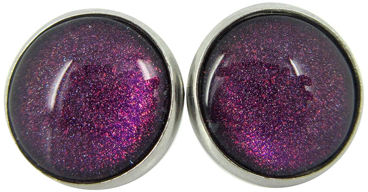 Stainless Steel Purple and Red Glitter Glass Stud Earrings Hand-painted 12mm