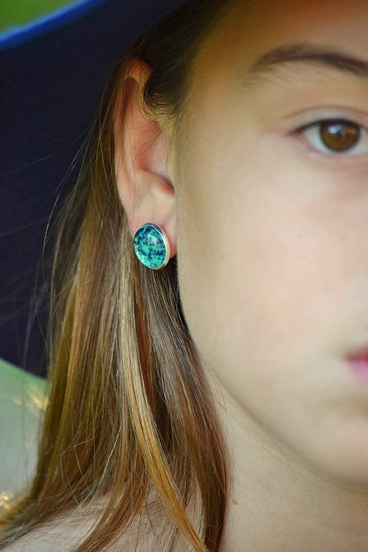 Silver-tone Mermaid Tail Glitter Glass Stud Earrings Hand-painted 12mm