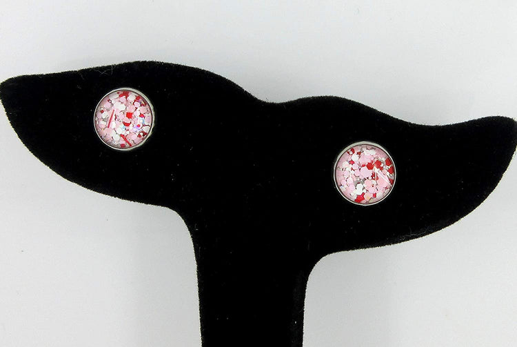 Stainless Steel Pink White Red Glitter Glass Stud Earrings Hand-painted 10mm