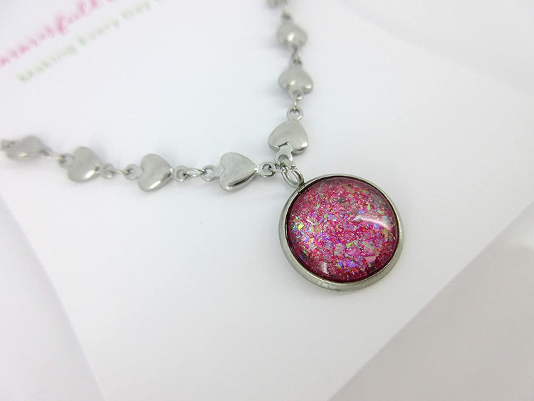 Stainless Steel Heart Chain and Pink Glitter Glass Pendant Necklace