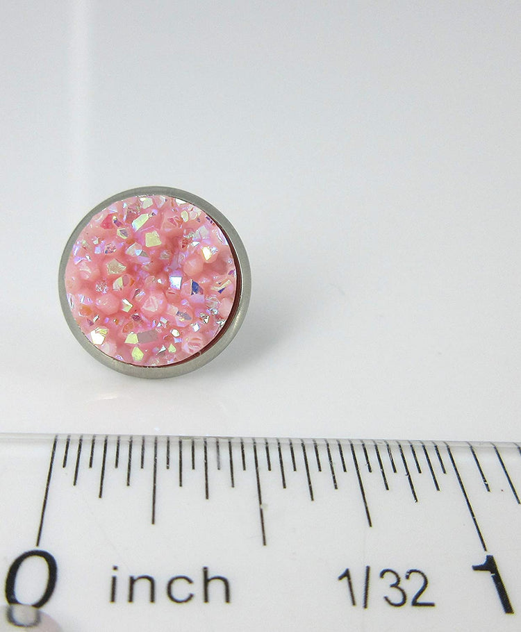Duo Stud Earrings Stainless Steel Pink and Blue AB Faux Druzy Stone 12mm Set