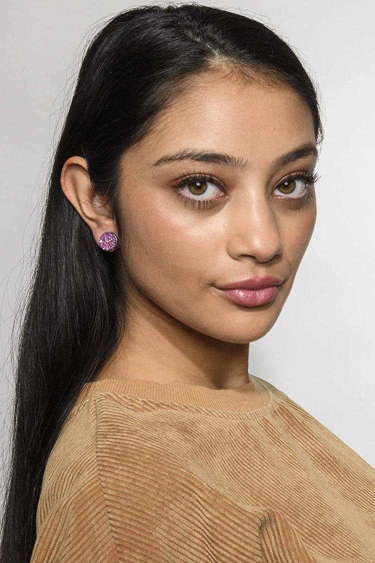 Stainless Steel Pink and Purple Glitter Faux Druzy Stone Stud Trio Earrings Set