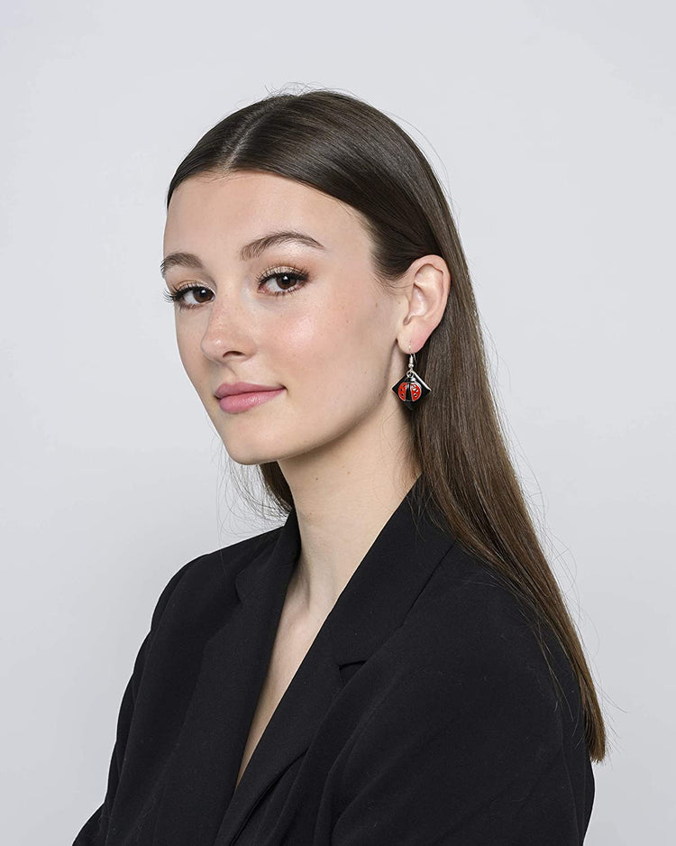 Silver-tone Black Enamel and Red Ladybug Charm Dangle Earrings