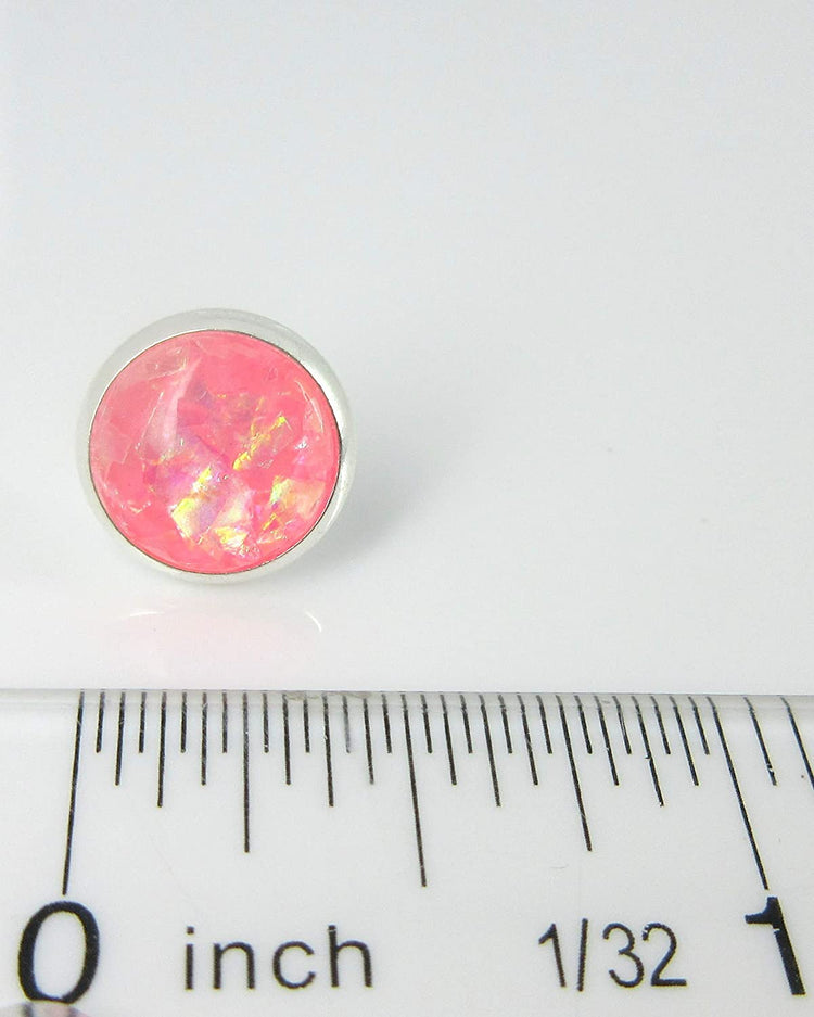 Shiny Silver-tone Opalescent Leaf Resin Stud Earrings 10mm (Cotton Candy Pink)