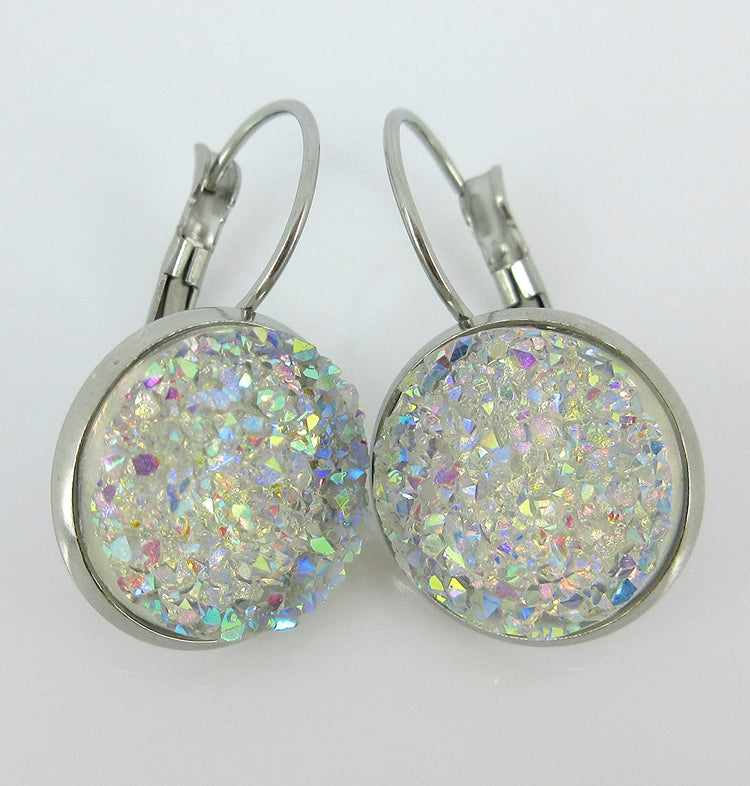 Stainless Steel Clear AB Faux Druzy Stone Lever-back Drop Earrings 14mm