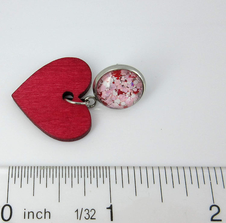 Stainless Steel Pink White Glitter Glass Red Heart Wood Drop Earrings