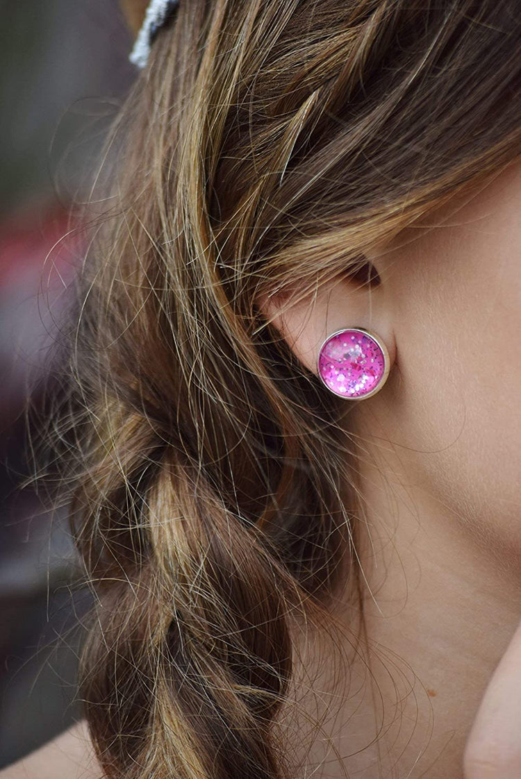 Silver-tone Fuchsia Pink and Purple Glitter Glass Stud Earrings Hand-painted 12mm