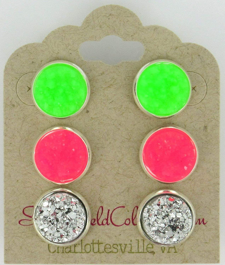 Trio Silver-tone Neon Green Pink Faux Druzy Stone Stud Earrings 12mm Set