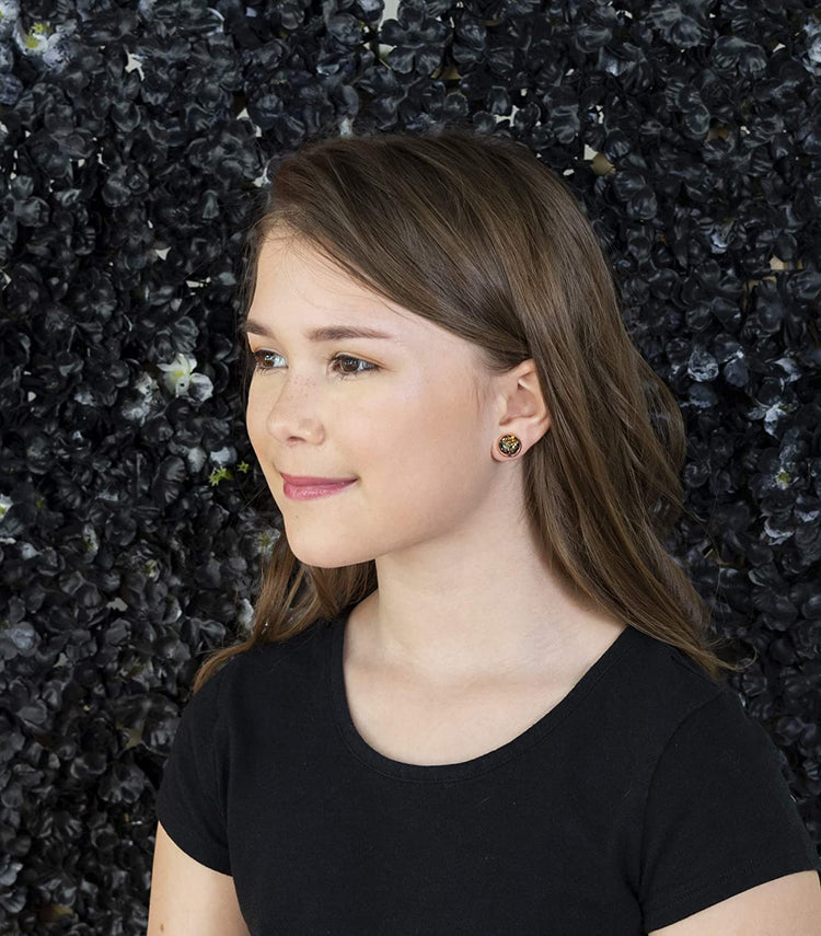 Rose Gold-tone Black and Green Iridescent Glitter Resin Stud Earrings 10mm