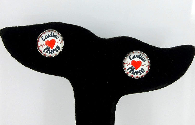 Stainless Steel Cardiac Nurse Print Glass Stud Earrings 12mm White Black Red