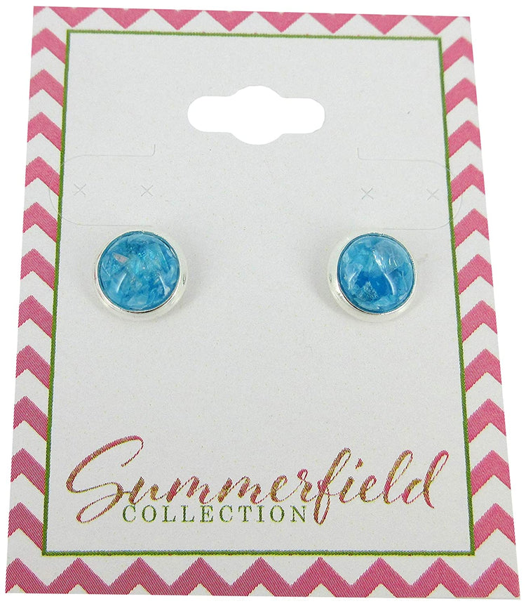 Shiny Silver-tone Aqua Blue and Opalescent Leaf Resin Stud Earrings 8mm