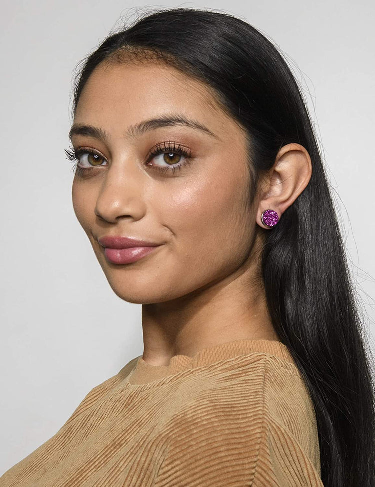 Stainless Steel Pink and Purple Glitter Faux Druzy Stone Stud Trio Earrings Set