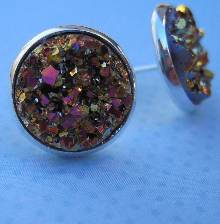 Silver-tone Metallic Faux Druzy Stone Stud Earrings 12mm