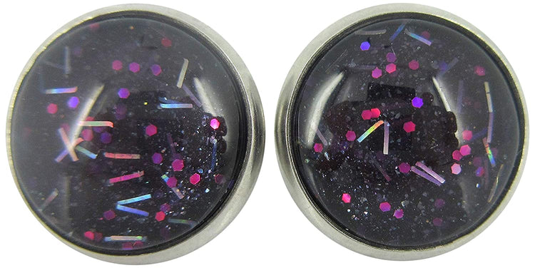 Stainless Steel Navy Blue and Pink Glitter Glass Stud Earrings Hand-painted 12mm