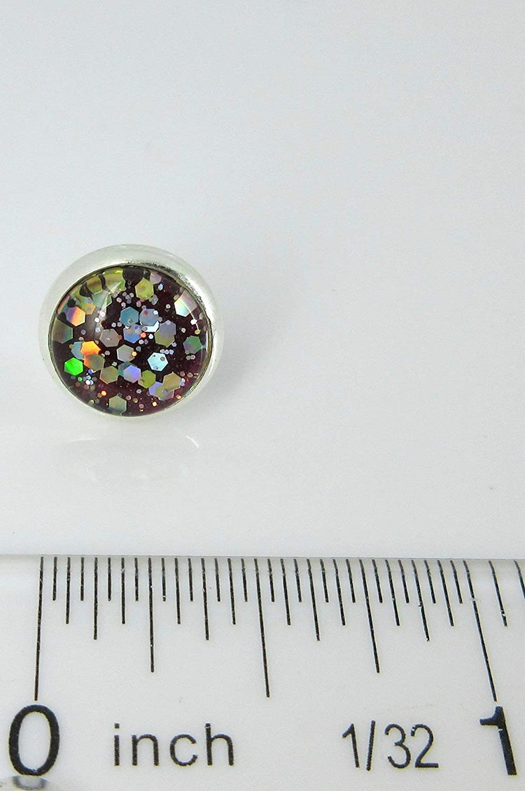 Silver-tone Burgundy Confetti Glitter Glass Stud Earrings Hand-painted 10mm