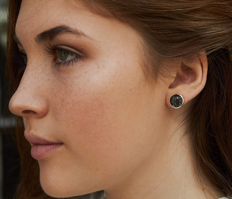 Silver-tone Black Galaxy Glitter Glass Stud Earrings Hand-painted 10mm