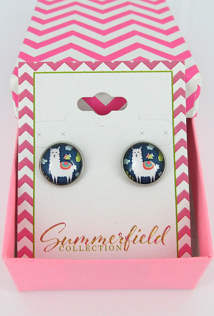 Stainless Steel Llama Print Glass Stud Earrings 12mm (Navy Blue)