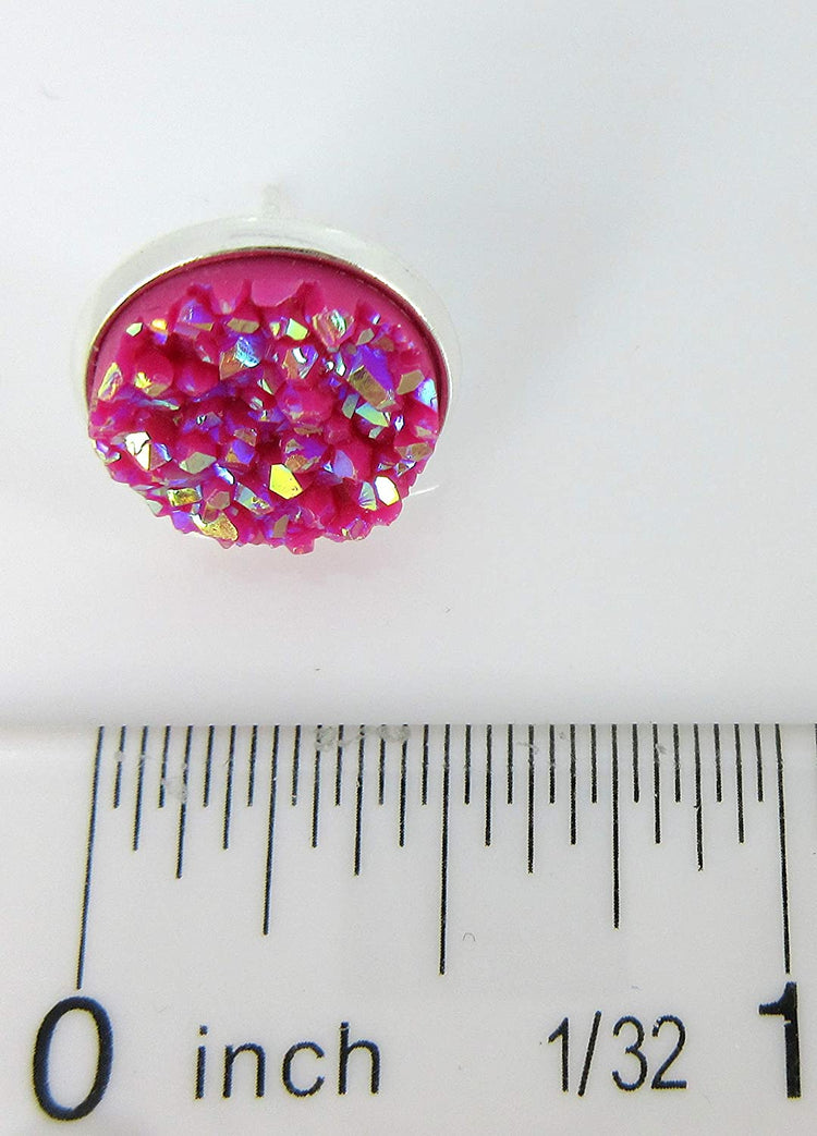 Silver-tone Stud Earrings Magenta AB Faux Druzy Stone 12mm