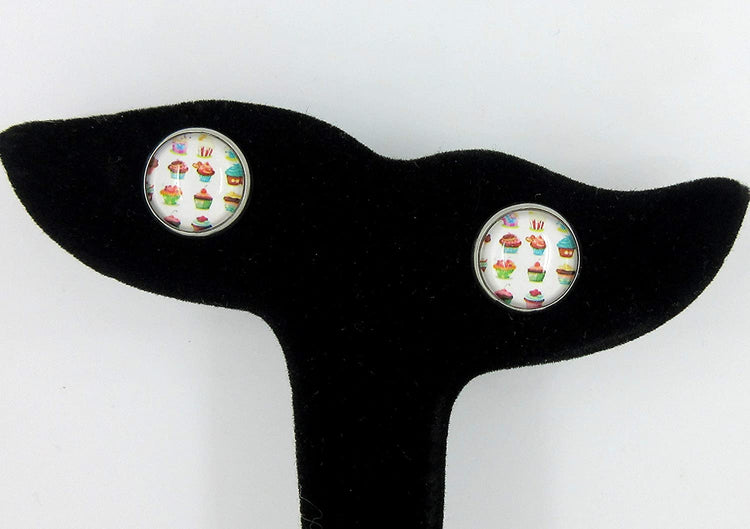 Duo Stud Earrings Stainless Steel Happy Birthday and Cupcake Print Glass 12mm Set
