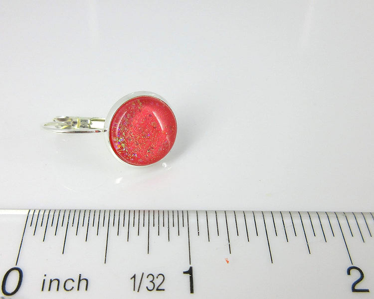 Silver-tone Coral Iridescent Glitter Glass Galaxy Drop Earrings Leverback Hand-painted
