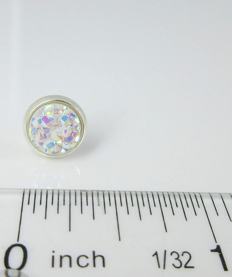 Duo Silver-tone White AB and Black Faux Druzy Stone Stud Earrings 8mm Set